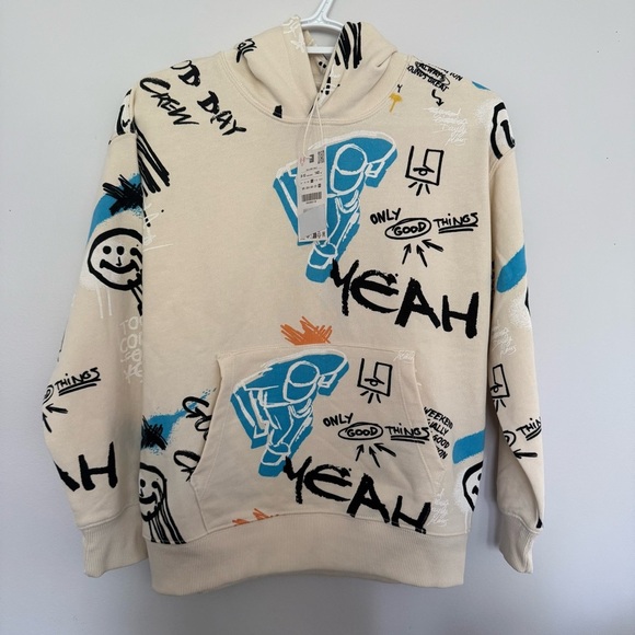 Zara Cream Hoodie with Blue and Black Graphics - Picture 1 of 4